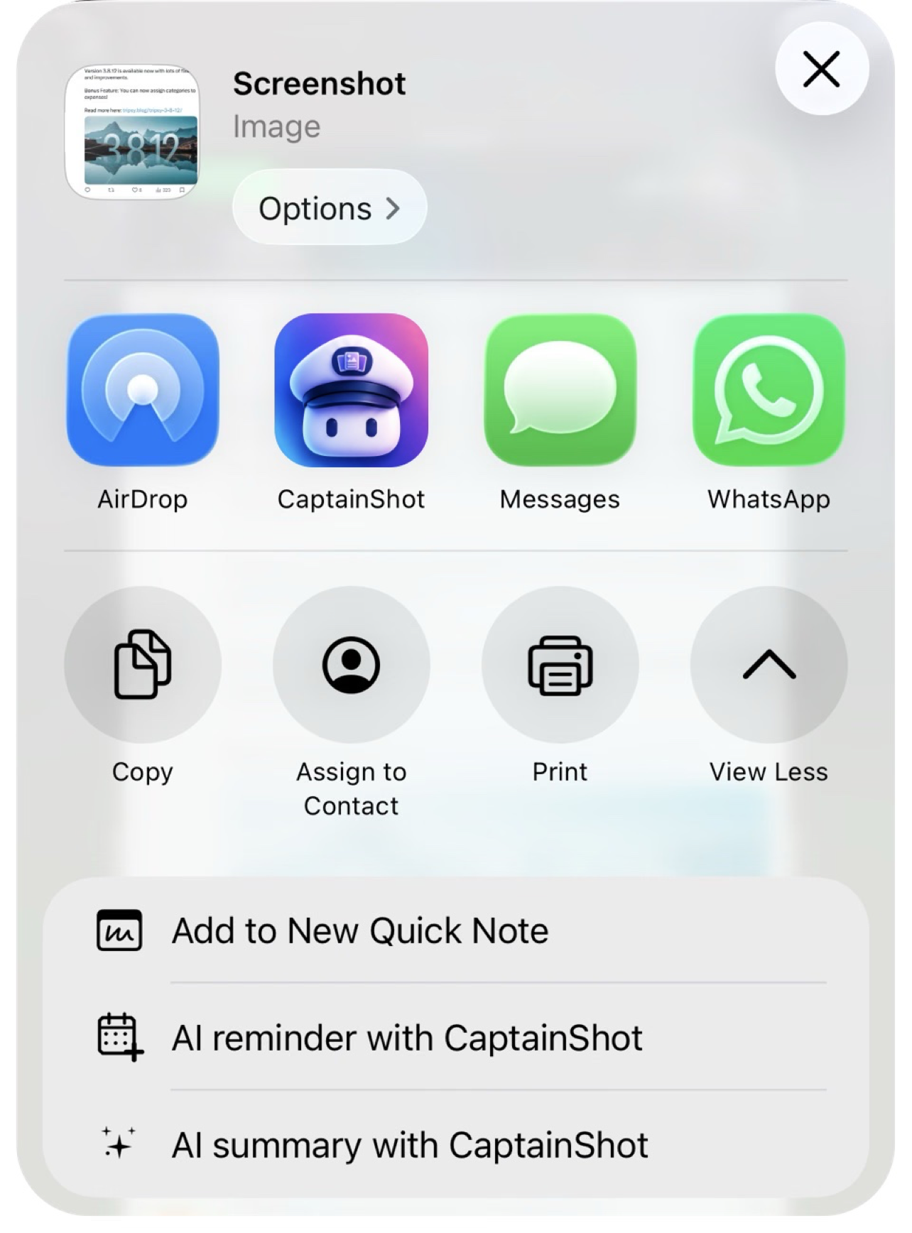 CaptainShot actions from the share sheet